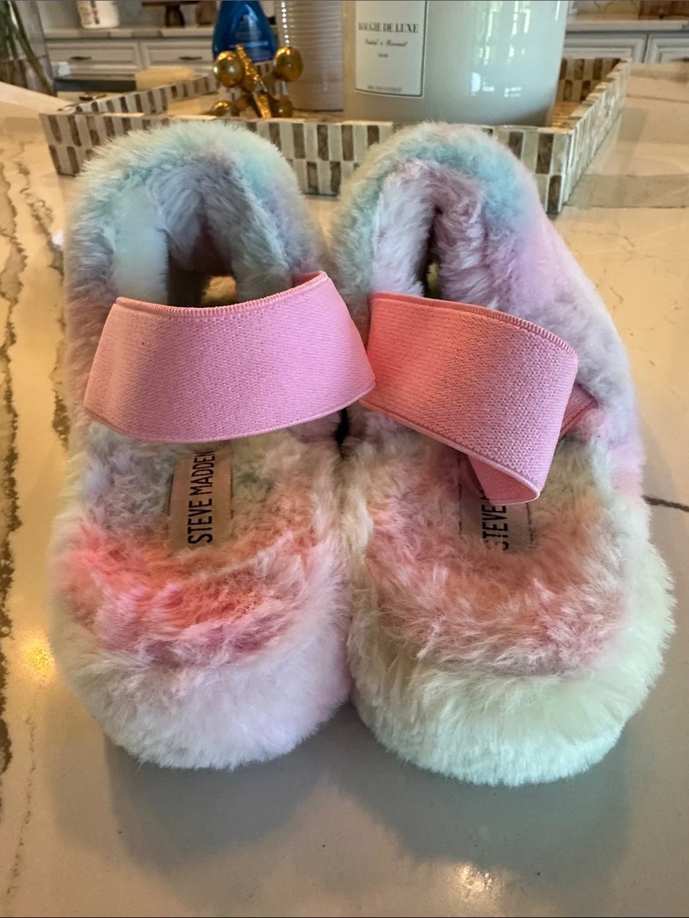 Steve Madden Pastel Rainbow Fuzzy Slip-On Slippers with Pink Heel Strap